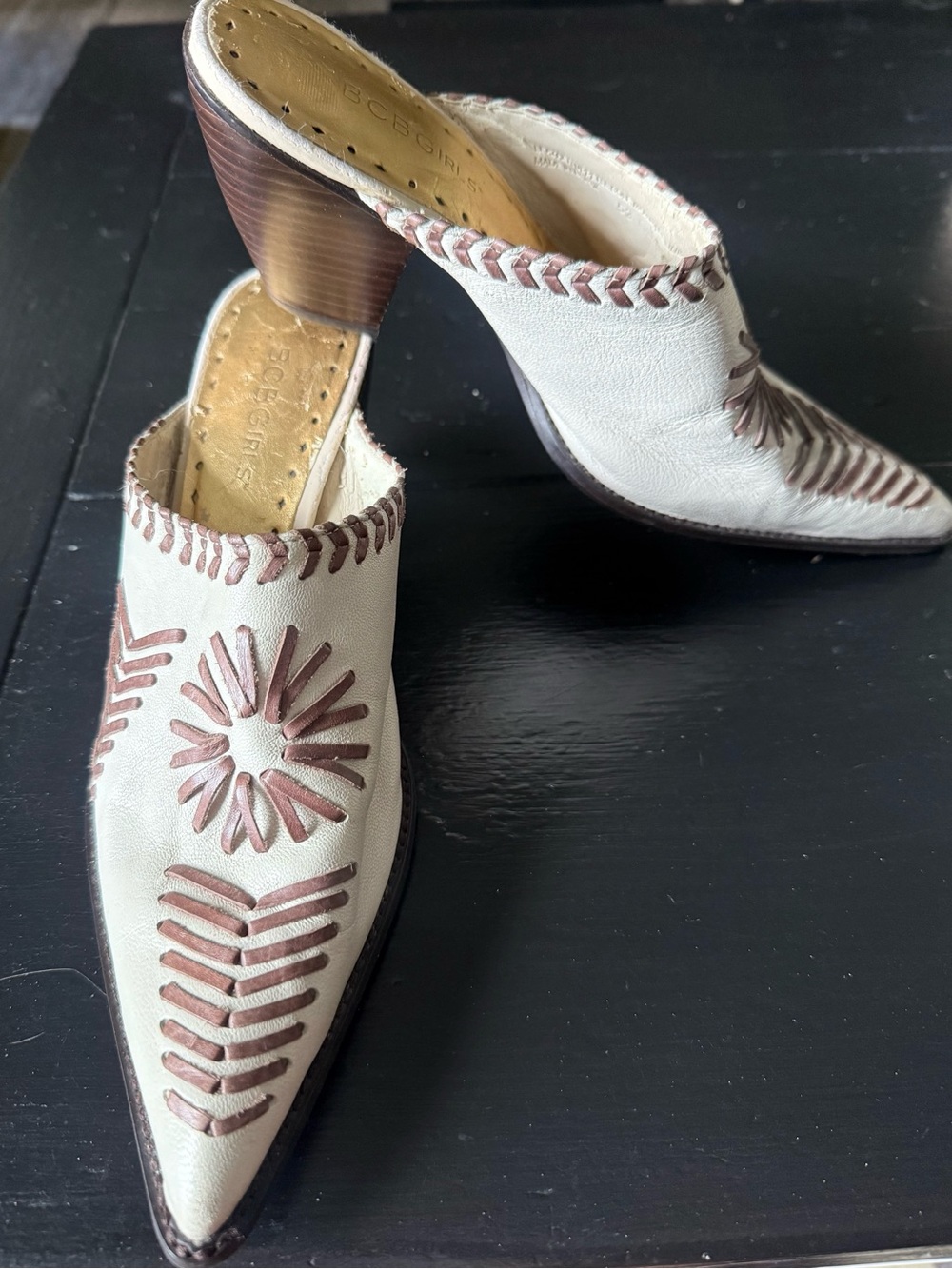 BCBGirls Cream and Brown Pointed Leather Mules
